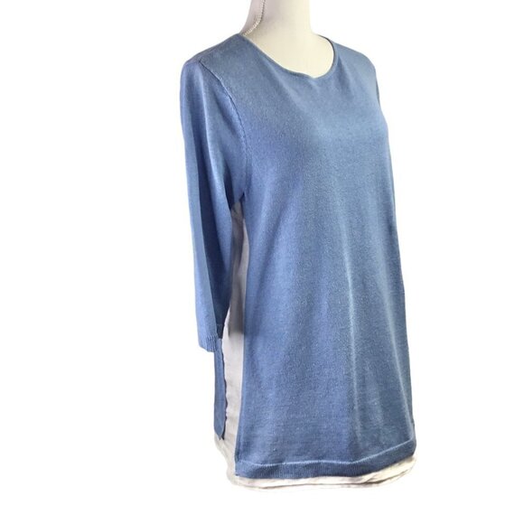 J. Jill Linen Blend Knit Sweater Tunic 3/4 Sleeve Shirt Blue White Faux Layers - Picture 3 of 9